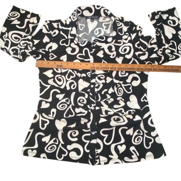 Como Black Long Sleeve Button-Up Shirt Abstract Heart Swirl Pattern Ruched Front - Picture 4 of 8